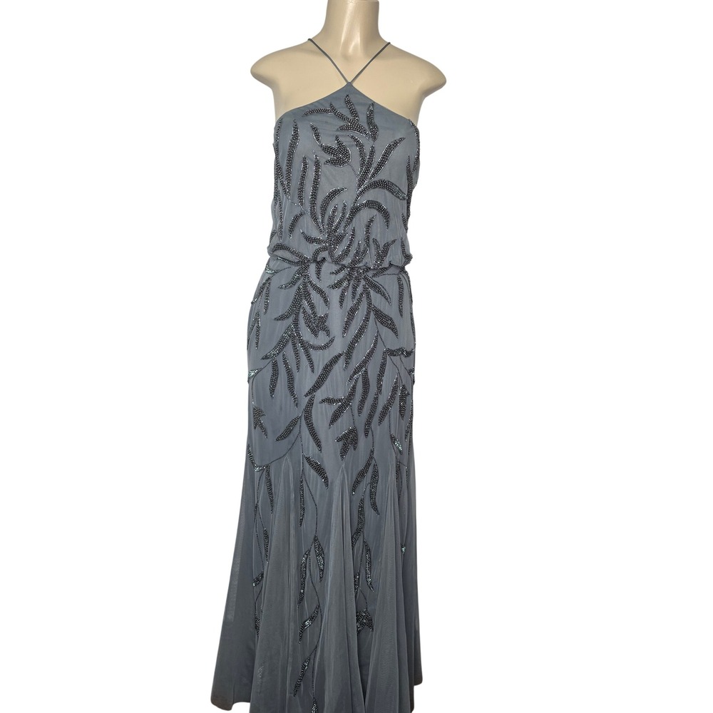 Aidan Mattox Gown Women 16 Gray Beaded Halter Mesh Formal Leaf Wedding Guest
